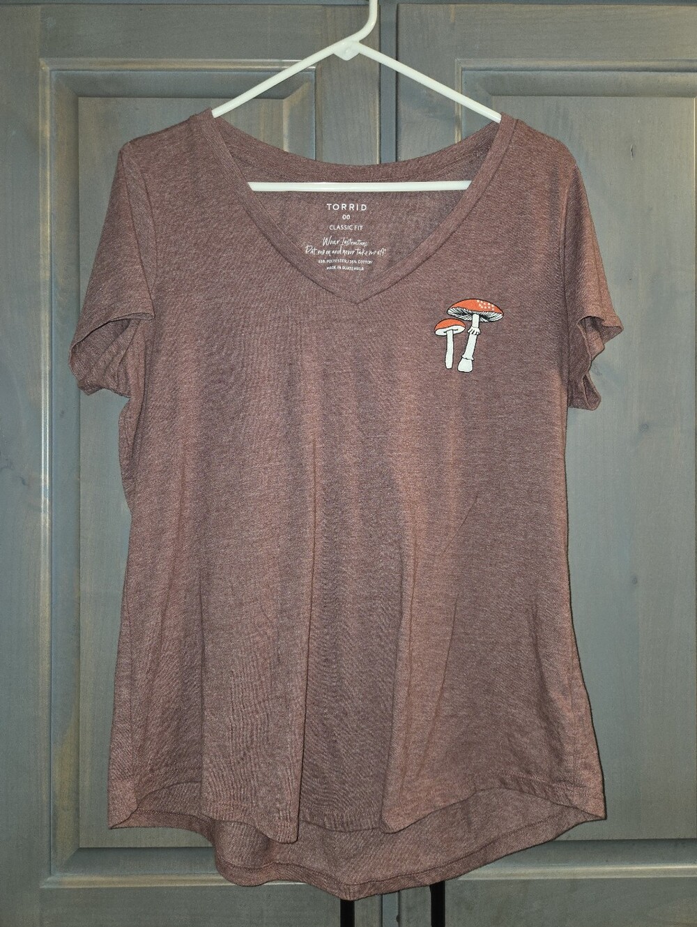 torrid Mauve V-Neck Tee with Mushroom Patch,  Sz 00